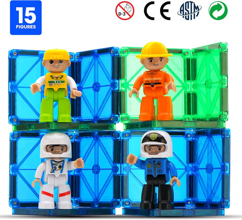 Playmags Large Magnetic Figures Community Set of 15 Pieces, 3” Play People for Building Blocks