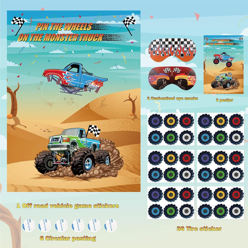 Eaezerav Pin the Wheels on the Truck Game, Monster Truck Poster, 36 Tyres Stickers, 2 Blindfolds for Car Theme Birthday