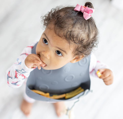 BUSY BABY Silicone Baby Bib for Babies & Toddlers, Pre-Formed Holes for Bungees