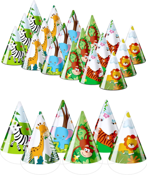 30 Pcs Animal Party Hats for Kids Safari Birthday Cone Hats for Jungle Zoo Birthday Party Supplies