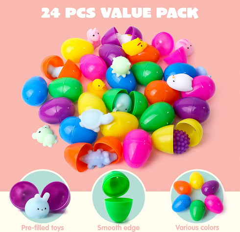 24 JOYIN Pcs Easter Prefilled Eggs with Mochi Squishy Toys, Kawaii Stress Reliever Squishy Toy for Easter Theme Egg