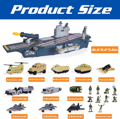 10 Military Aircraft Carrier Toys, Army Toys with Vehicles, Fighter Jet Helicopter Tanks and Army Men Action Figures