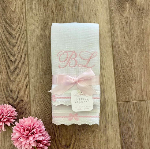 Set 2 Cotton & Lace Baby Girl Burp Cloth of ( Heirloom Collection ) Pink Bows + Option to Personalize with Name