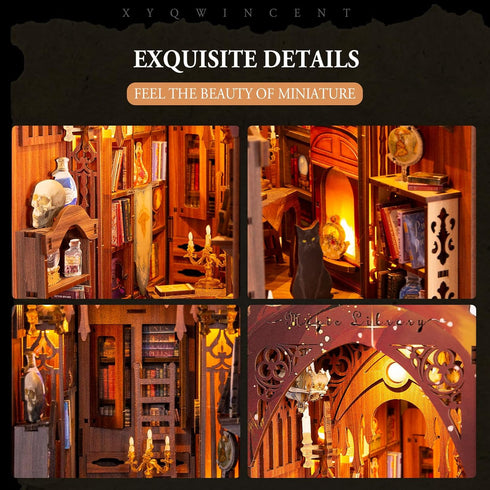 ZHIMUJI 3D DIY Book Nook Kit Wooden Puzzle Shelf Insert with Motion Sensor LED Light- Miniature Dollhouse Bookend Decor