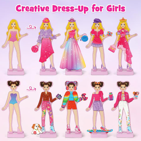 3 4 5 6 7 8 Mocoosy Wooden Magnetic Dress Up Dolls for Girls Pretend Play, Magnet Dolls with Storage Case, Travel Game