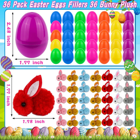 FLYSNK 36 Pack Easter Eggs Fillers with Mini Bunny Plush, Easter Basket Stuffers Easter Egg with Toys Inside for Kids