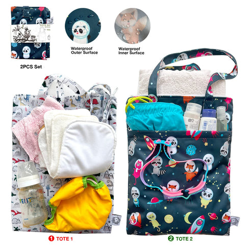 2PCS FLOCK THREE Bundle Wet Dry Bag Waterproof Tote Reusable Wet Clothes Baby Diapers Stroller Swimsuit Travel Small