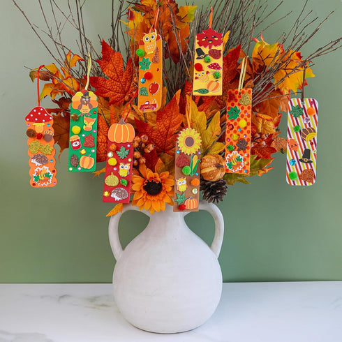 Winlyn 32 Sets Fall Crafts Kits, DIY Fall Bookmarks Decorations Art Sets with Maple Leaves, Smile Face, Owl, Turkey,