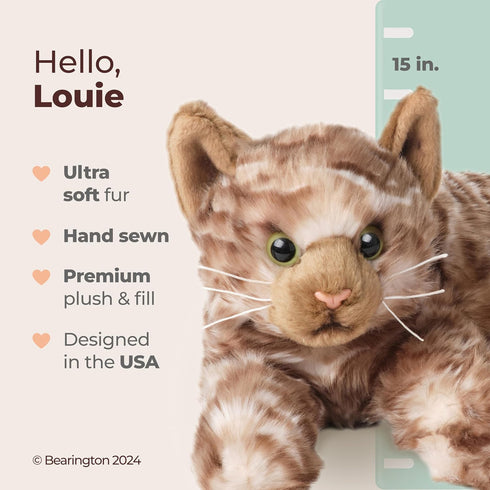 Bearington Collection Louie Cat 15-Inch Plush Toy, Realistic Tabby Stuffed Animal for Kids