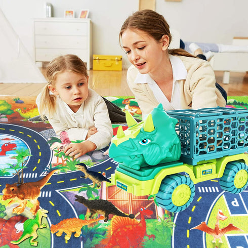 JKGIFTS 3-5, 15 Set Dinosaur Truck Toys for Kids Triceratops Car Toy with Dino Figures,Large Activity Play Mat