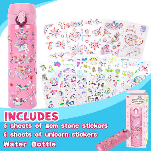 YOFUN Decorate Your Own Water Bottle, 11 Sheets of Unicorn Stickers & Glitter Gems, Craft Kit for Children, Pink
