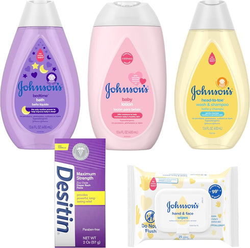 Set, 5 Johnson's Baby Here Comes Baby Gift Baby Essentials for New Parents with Moisturizing Lotion, Bedtime Bath, Body