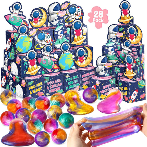 SURCVIO 28 Pack Valentines Day Gifts for Kids, Galaxy Slime with Greeting