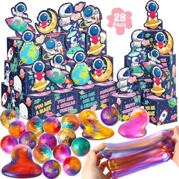 SURCVIO 28 Pack Valentines Day Gifts for Kids, Galaxy Slime with Greeting