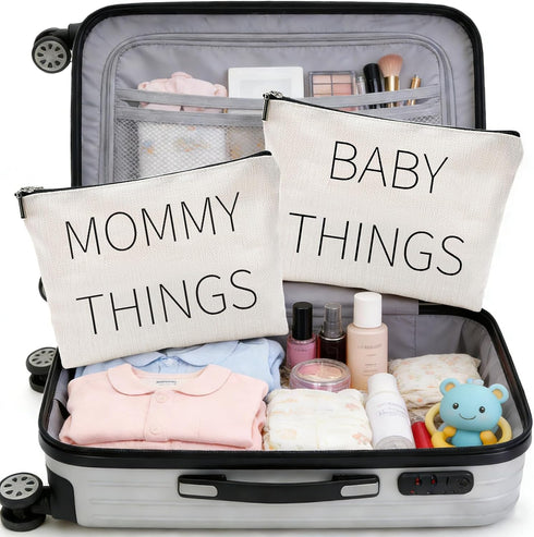 Fywelixc Mommy Set 2pcs and Baby Canvas Pouch Zipper Organizer Bags for Diaper Bag, Travel, Hospital or Nursery