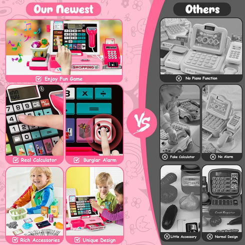 Playset, Kids Cash Register Toy Toddler Prentend Play Store with Real Calculator Cash Register with Scanner/Credit