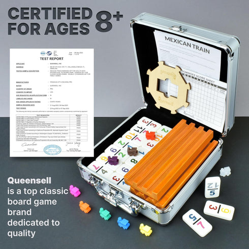 Queensell Mexican Train Dominoes Set - Double 12 with Numbers and 4 Holders - Wooden Hub and Tiles Holders