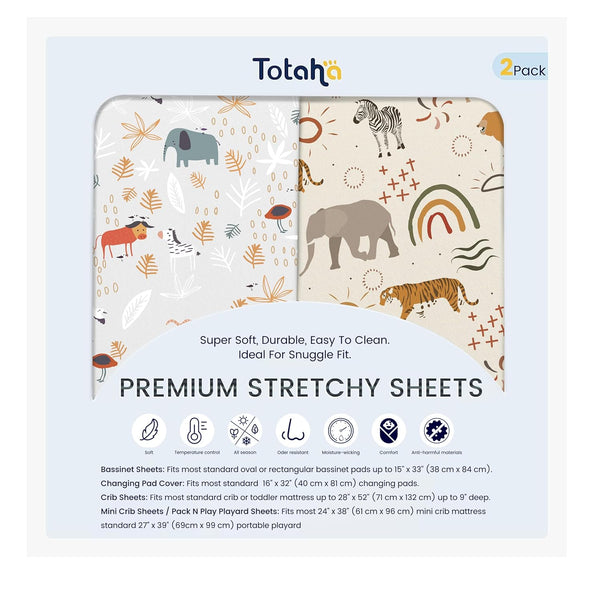 TotAha Jungle Animal Cradle Sheets Fitted 18 x 36, Buttery Soft Bassinet