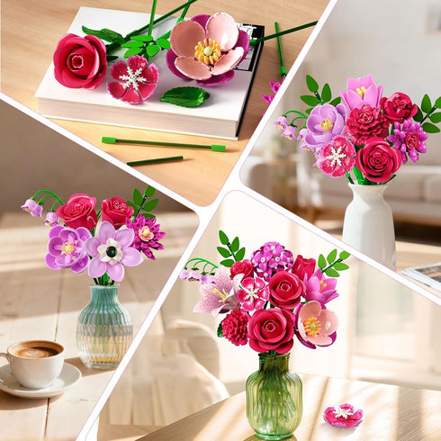 Set 21 832PCS CUBIMANA Flowers Bouquet Building with LED - Rose Red Botanical Collection Kit for Adults Women