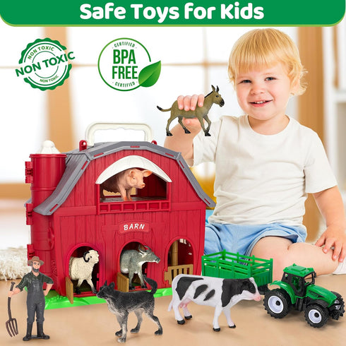 1 2 3 4 5 Playset Farm Animals Toys for Year old Toddlers Girls Boys, Big Red Barn Farm with Figures Animals