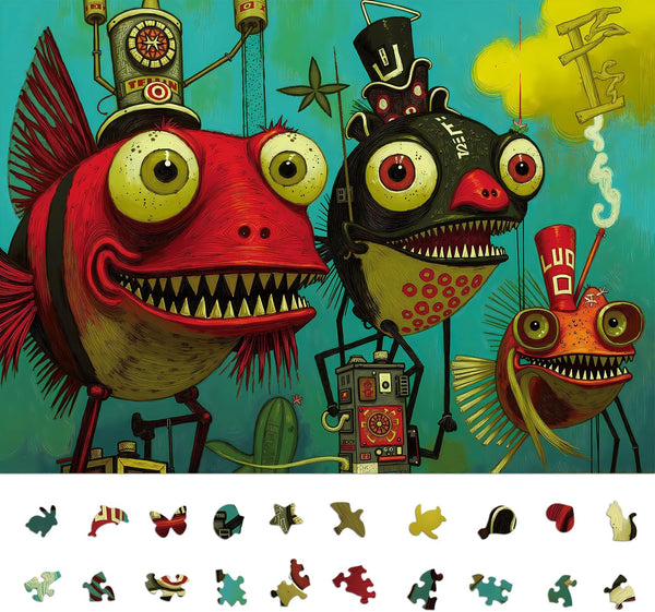 1000 Piece Puzzle for Adults, Quirky Piranha-Inspired Artwork with Unique-Shaped Pieces, Matte