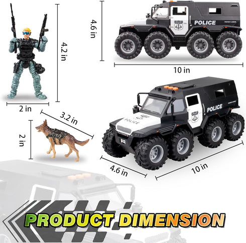 Police Car Toy, 8x8 Friction Powered with Light, Sounds, Openable Doors, Military Policeman & Dog for Boys 3-8