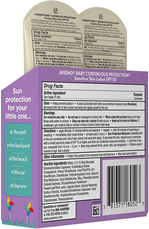 SPF#50 3 (88ml) (Pack 2) Aveeno Baby Continuous Protect Lotion Sensitive Ounce