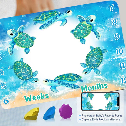 Turtle Milestone Blanket Blue Sea Life Baby Blanket Beach Newborn Gift with Week Months Swaddling Bag 48x40in BTLSFH127 by FHZON