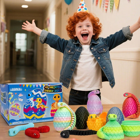 Binvin 32PCS 3D 3D 8-12 (32PCS) Printed Snake Toy, Easter Basket Stuffers Mini Mystery Crystal Egg Fidget Toy, Printed