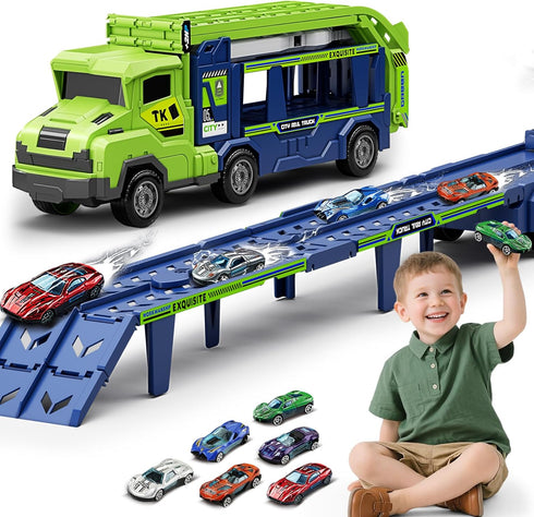 3, 4, 5, 6, 7, 8 2 6 Truck Car Toys for Years Old Kids, Carrier Truck Race Track Toys, Foldable Transport Car Toys