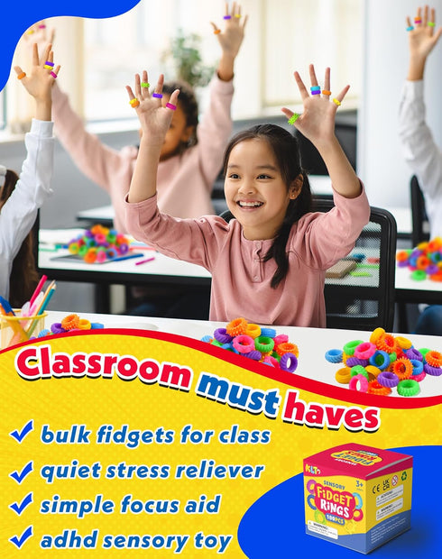 100pcs KLT Fidget Toys Bulk for Kids: Textured Fidget Ring - Classroom Prize Box Quiet - Party Favors Gift Bags