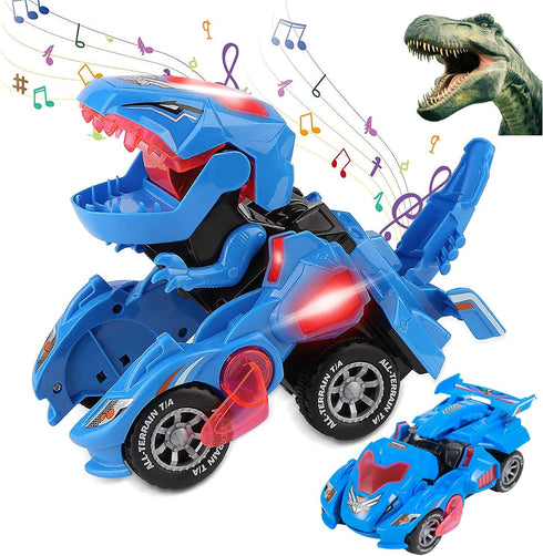 Transforming Dinosaur LED Car Toy, 2 in 1 Automatic Dino Transformer, Kids Ages 3-12, Blue, with Lamps