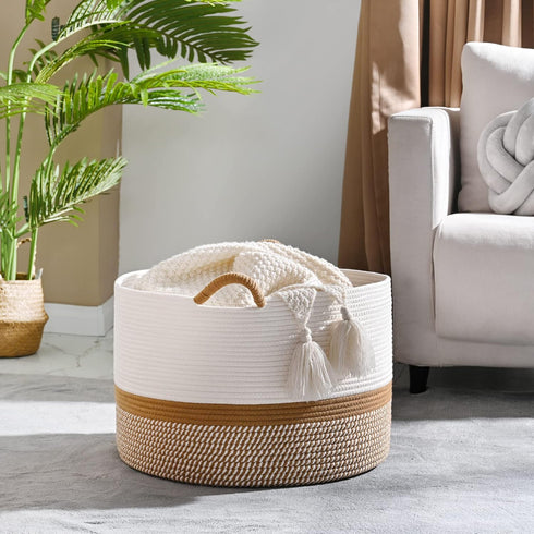 (20"x13"),Woven KAKAMAY Large Blanket Basket Baskets for storage Baby Laundry Hamper, Cotton Rope Blanket Basket