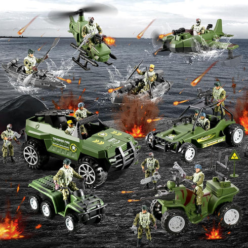 HOSPONY 58-in-1 4-7 6-8 8-12, Army Men Toys for Boys Military Truck/Helicopter/Kayak Boat/Motorcycle/Army Men Action
