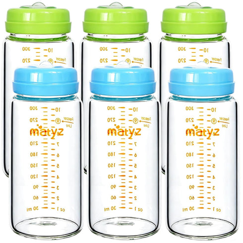 Matyz Glass Breastmilk Storage Set, 6 Pack 10oz, Compatible with Spectra Medela