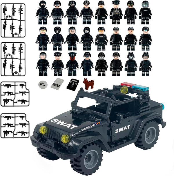 Toysvill SWAT Military Police Building Block Set for Kids, SUV + Soldiers Minifigures (24 PCS) with Weapons