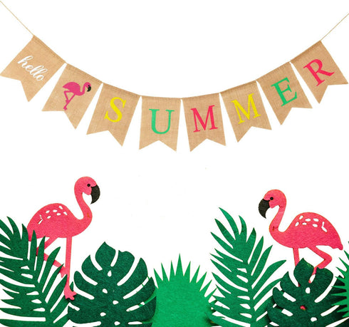 Hello Summer Burlap Banner Rustic Summer Decoration with Flamingo Pattern for Pool Party, Beach Party, Barbecue