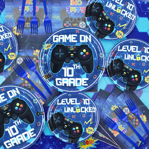 10th Birthday Decorations for Boys, 81 Pcs Level 10 Video Game Party Supplies, Serves 20 with Plates Napkins Forks