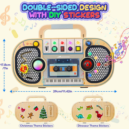 Ansee 2 Busy Board Montessori Toys for Toddlers, Wooden Sensory Toys with LED Light, Switches, Music, Labyrinth, Adjust