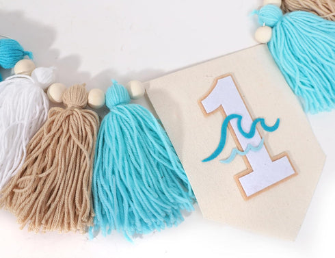 BASCT 1st Big One Surf High Chair Banner - Wave Birthday Decoration for Boys, Tassel Garland