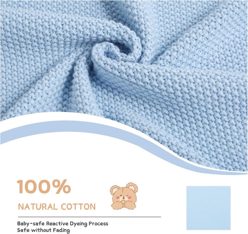 100% Cotton Baby Blanket, Knit Lace, Soft Warm Toddler Blanket, 30 x 40 Inches, Sky Blue