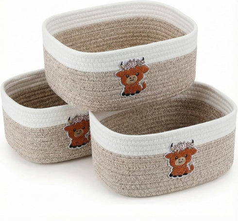 Geelin 3 Pcs Highland Cow Baskets for Gift Cute Farmhouse Brown Woven