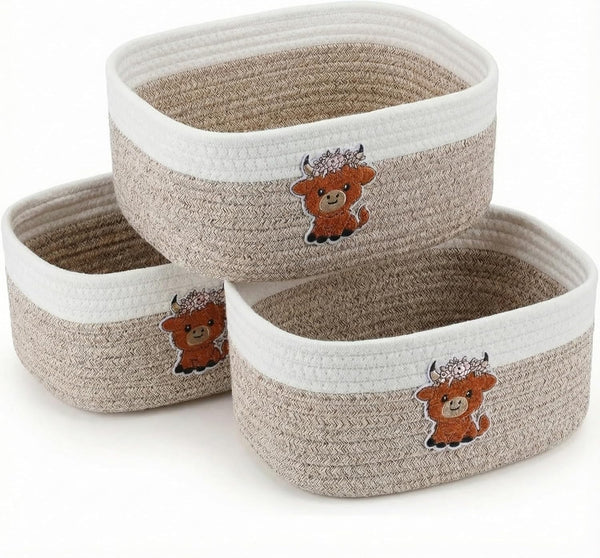 Geelin 3 Pcs Highland Cow Baskets for Gift Cute Farmhouse Brown Woven