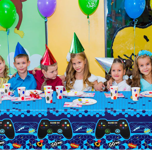 PHOGARY 3 Pack Blue Video Game Tablecloth - Geek Theme Birthday Party Decorations Supplies for Kids Player, 108 x 54