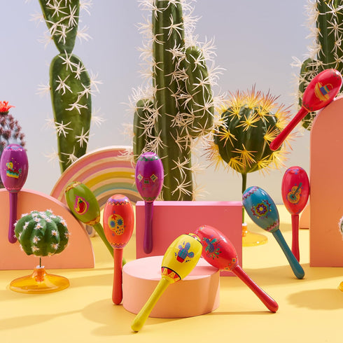 JOYIN 9 Pcs Fiesta Wooden Maracas - 9 Designs Noisemaker for Cinco De Mayo Party Favors and Mexican Decorations