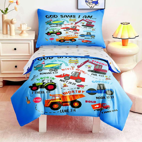 4 Set Set Piece Toddler Bedding for Boys,Cars Construction Toddler Bed Comforter Includes Comforter,Flat Sheet,Fitted