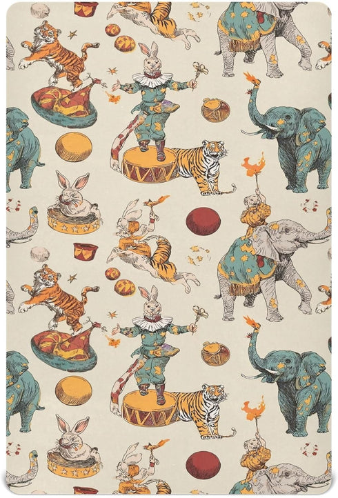 Pigsaly Crib Sheets Elephants Rabbits Tiger Vintage Circus Baby Sheet for Standard Crib
