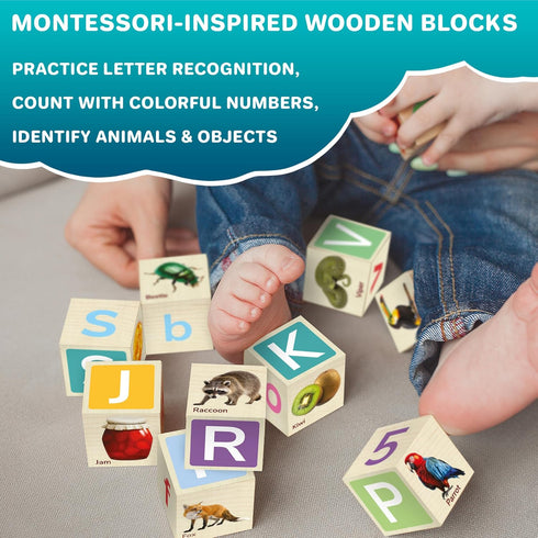 Quokka Montessori Wooden Blocks, 35 Realistic ABC Learning Baby Blocks for Toddlers 1-3, Stacking Alphabet Wood Toys