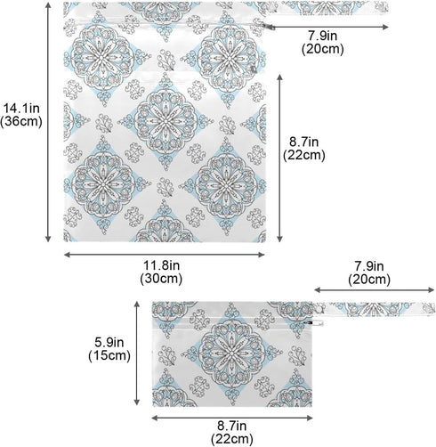 Burbuja 2 Pack, 2 Ornate Mandala Medallions Wet Dry Bags for Baby Cloth Diaper Waterproof Reusable Wet Bag