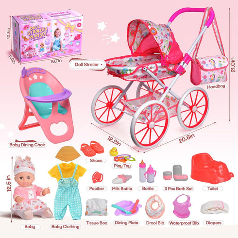 Set 12.5'' Chair&2 Set Playset 3 4 5 Baby Doll Stroller Toys with Baby Dolly, Baby Doll Accessories with Dining